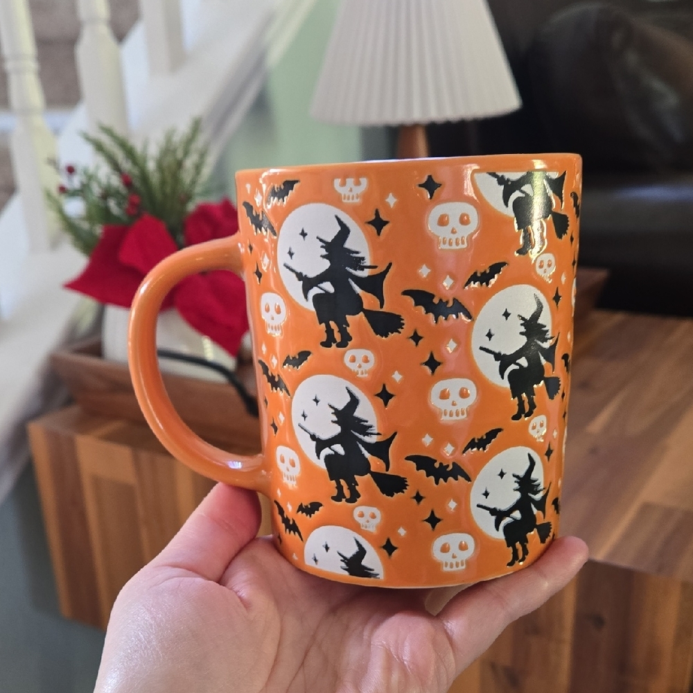 Orange Halloween Mug with Witch and Skull Design, EUC Like New